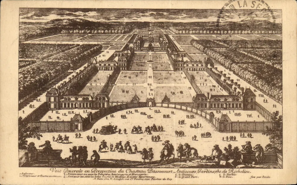 Visão geral em perspectiva do Castelo Bassocourt, Anticours, Jardins de Richelieu — gravura de Lerdic — editada em Paris - Frente