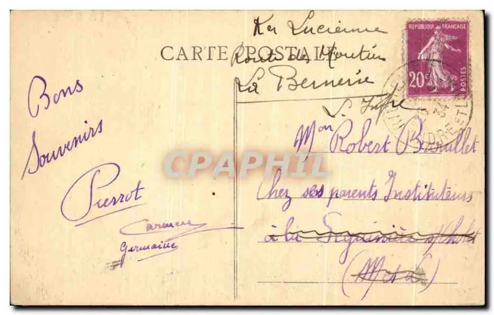 Visão geral em perspectiva do Castelo Bassocourt, Anticours, Jardins de Richelieu — gravura de Lerdic — editada em Paris - Verso