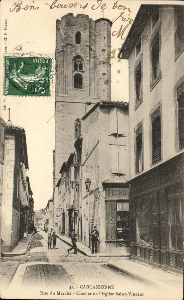 Carcassonne — Rue du Marché - Glockenturm der Kirche Saint-Vincent — Lib. P. Cl. F. Cluzon, n°42 - Vorderseite