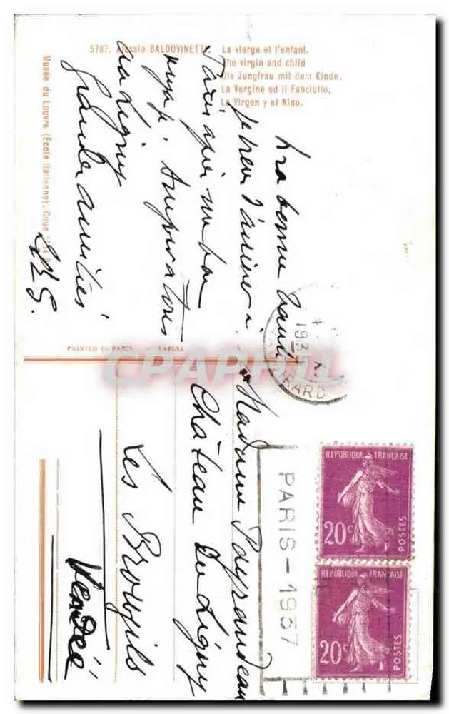 A Virgem e o Menino — Museu do Louvre (Escola italiana) — editor BALDOVINETTI, n°5787 - Verso