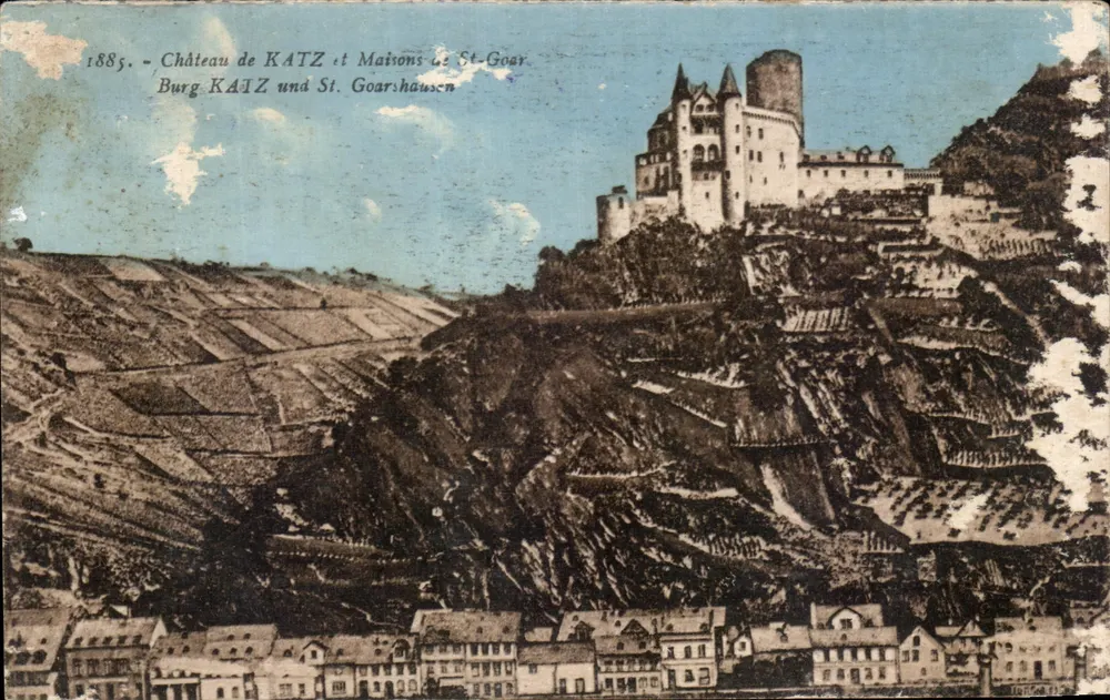 Château de KATZ et Maisons de St-Goar — vue panoramique avec château sur falaise et village en contrebas — éditeur non visible - Awers