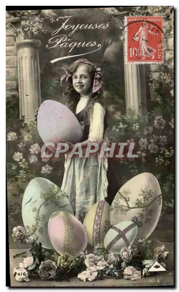 Menina segurando um grande ovo de Páscoa — decoração de rosas e ovos decorados — editor Léon Némaire, n° 1416 - Frente