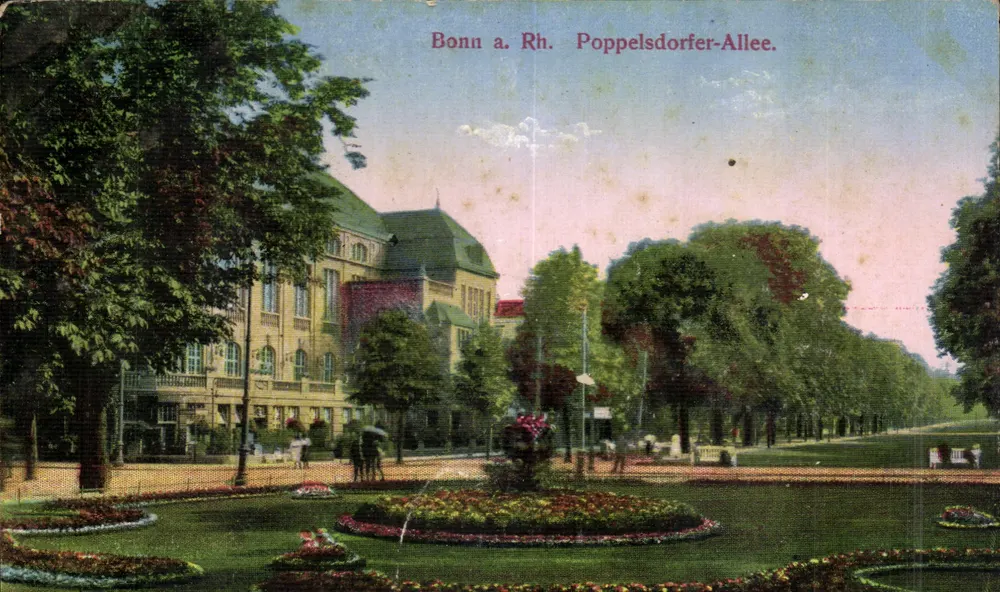 Bonn a. Rh. Poppelsdorfer-Allee — vista del parque y del edificio — Kunstausstell N. Dietz, Bonn, N° 393/24 - Anverso