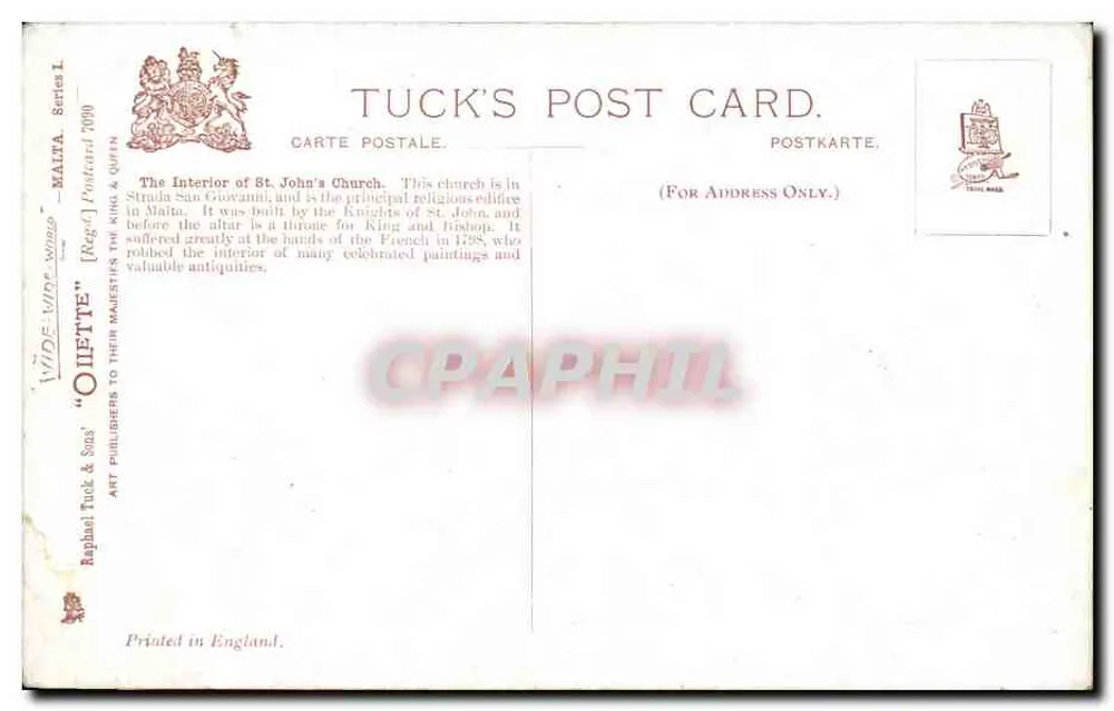 Malta. Innenansicht der Kirche Saint-Jean — Tuck's Post Card, Serie L, Nr. 700 - Rückseite