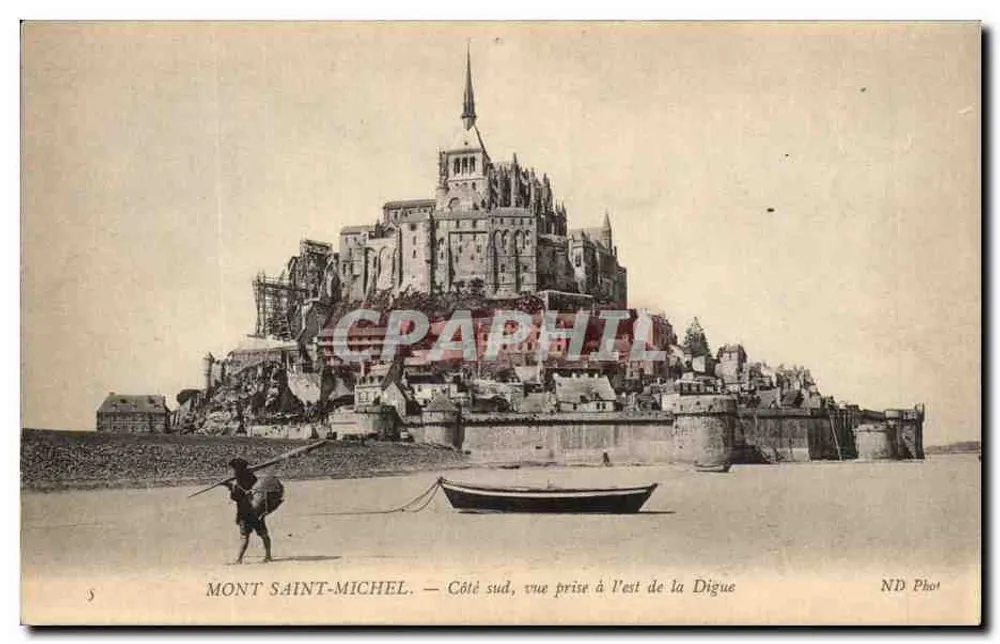 Mont Saint-Michel — Südseite, Ansicht vom Osten der Digue — ND Phot - Vorderseite