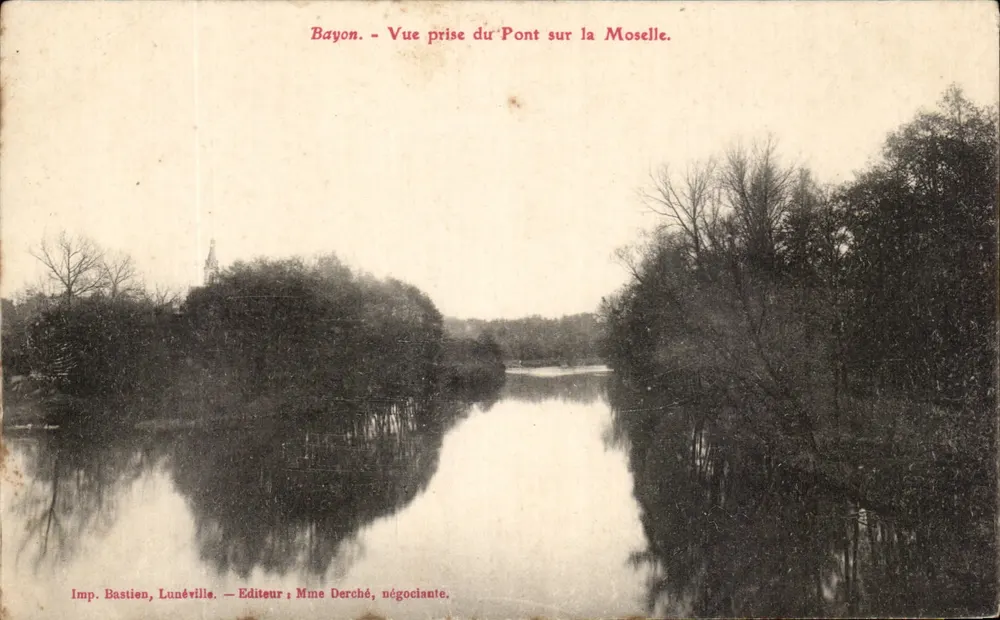 Bayon — Ansicht vom Brücke über die Mosel — Imp. Bastien, Lunéville. Verlag: Madame Derché, Händlerin. - Vorderseite