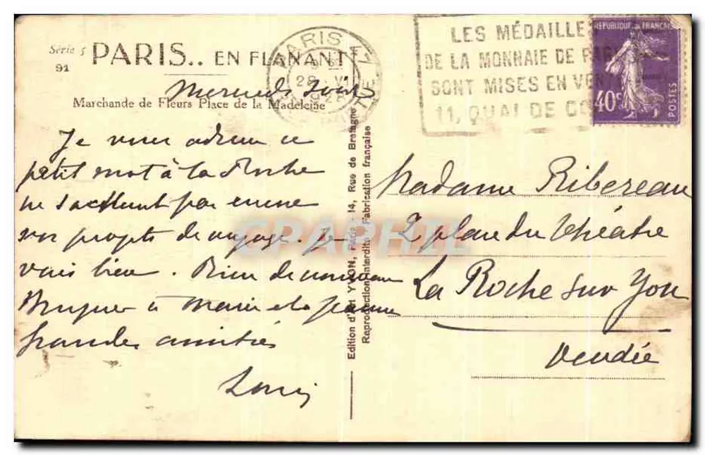 Paris. Spaziergang — Blumenverkäuferin auf der Place de la Madeleine — Edition von Yvon, Paris - Rückseite