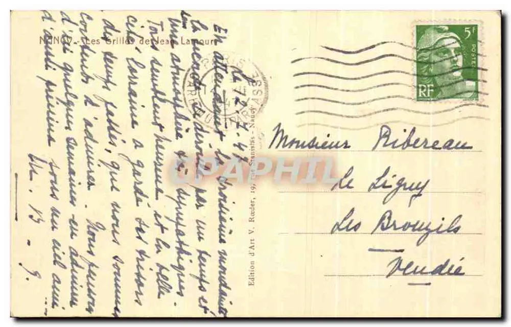 NANCY — Les Grilles — Édition d'Art V. Rieder, n° 20 - Verso