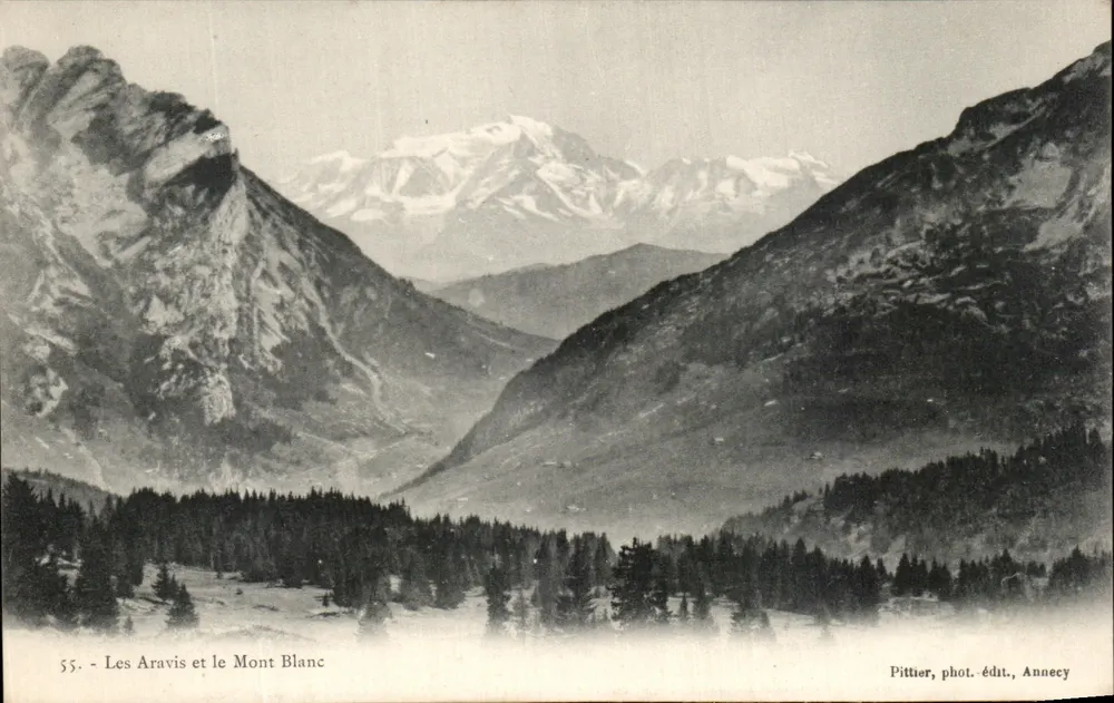 Les Aravis e o Mont Blanc — vista alpina — Pittier, fot. editora, Annecy - Frente