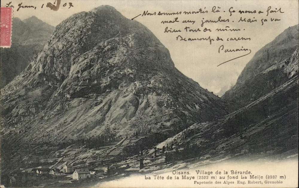 Der Kopf der Maye (2522 m) im Hintergrund, die Meije (3987 m) — Oisans, Dorf La Bérarde — Papeterie des Alpes Eug. Robert, Grenoble - Vorderseite