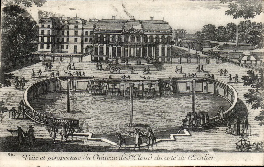 Schloss Saint-Cloud — Ansicht und Perspektive von der Treppe — Kupferstich Nr. 96 - Vorderseite