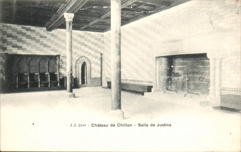Castello di Chillon - Sala di Giustizia — J.J. 2388 — editore Jullien Fores, Ginevra - Recto