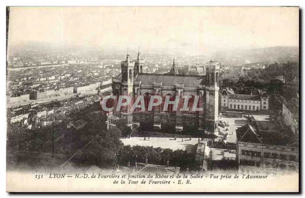 LYON — Notre-Dame de Fourvière und Zusammenfluss von Rhône und Saône — Ansicht vom Aufzug der Fourvière-Turm — E. R. - Vorderseite