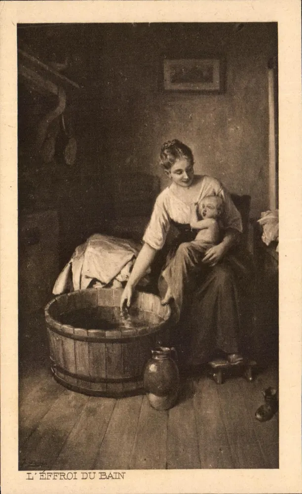 L'ÉFFROI DU BAIN — scena kąpieli dziecięcej — wydawca E. Ziegler, nr 123 - Awers