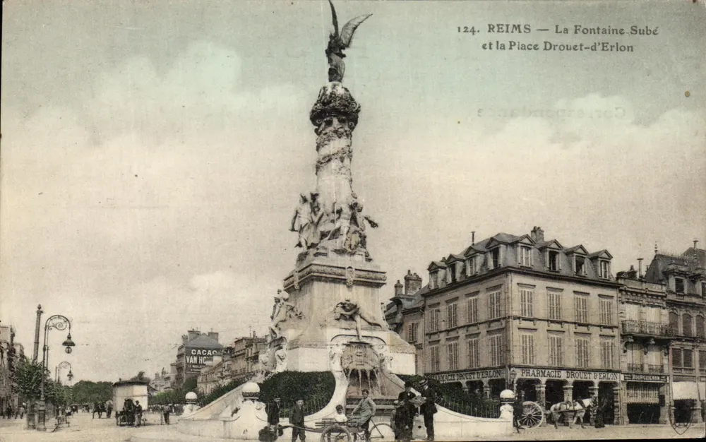 Reims — Fontaine Subé und Place Drouet-d'Erlon — Verlag: Subé, Nr. 124 - Vorderseite