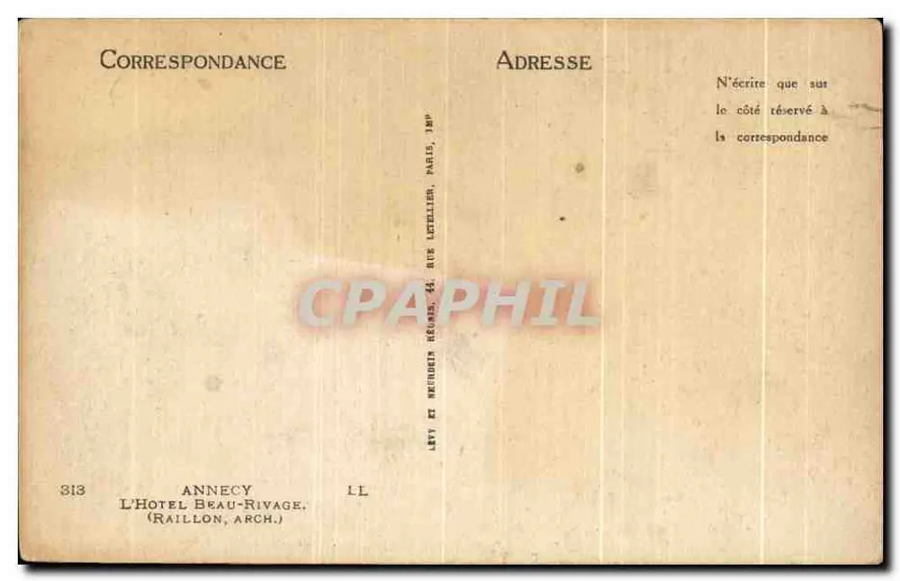 Hotel Beau-Rivage — Annecy — editor Lévy e Meudon, 313 - Verso