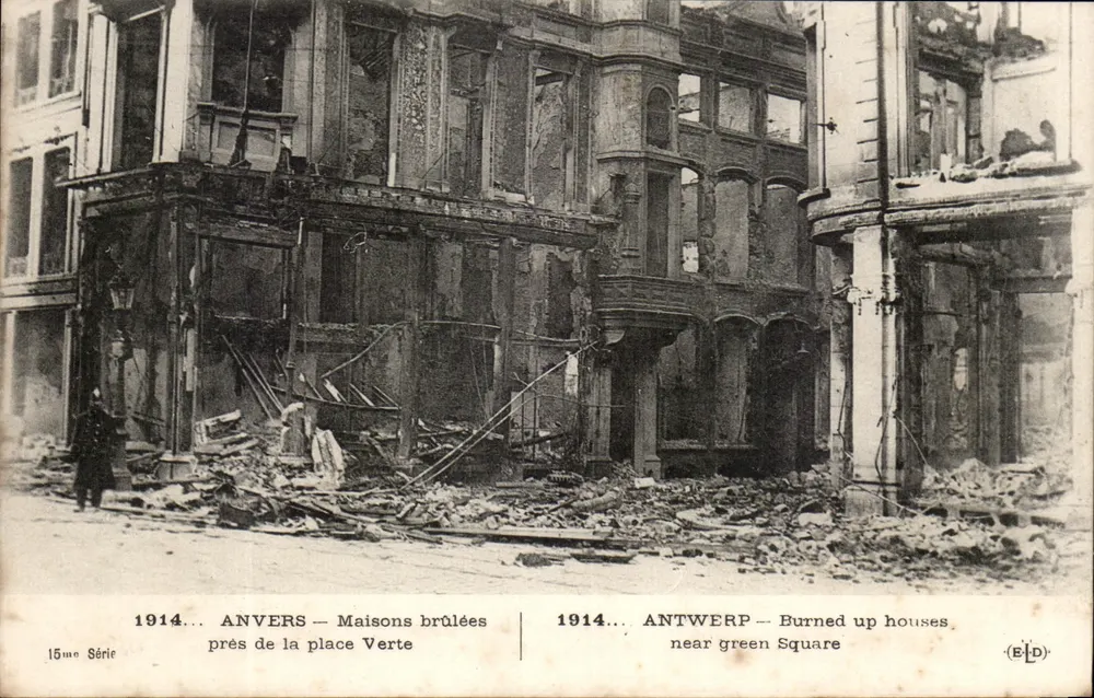 Antwerpen — Gebrannte Häuser in der Nähe des Grünplatzes — Verlag E.D. — 15. Serie - Vorderseite