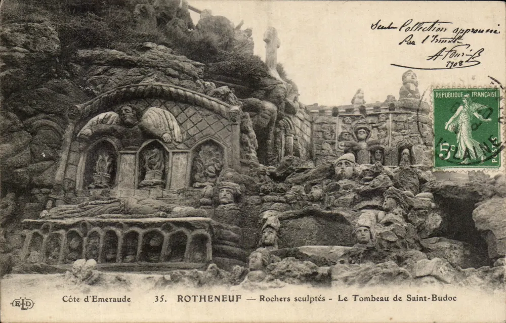 Küste der Emeraude — Geschnitzte Felsen — Grabmal des heiligen Budoc — ROTHENEUF — 35. — Verleger B.D. - Vorderseite