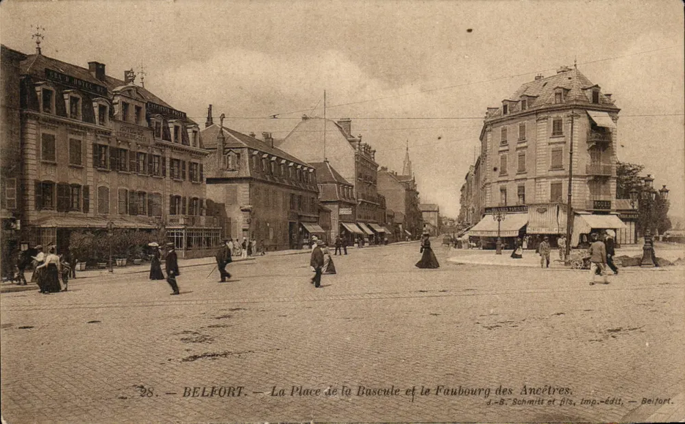 Belfort — Die Place de la Bascule und der Faubourg des Ancêtres — J.-B. Schmitt et fils, imp.-édit. — Belfort - Vorderseite
