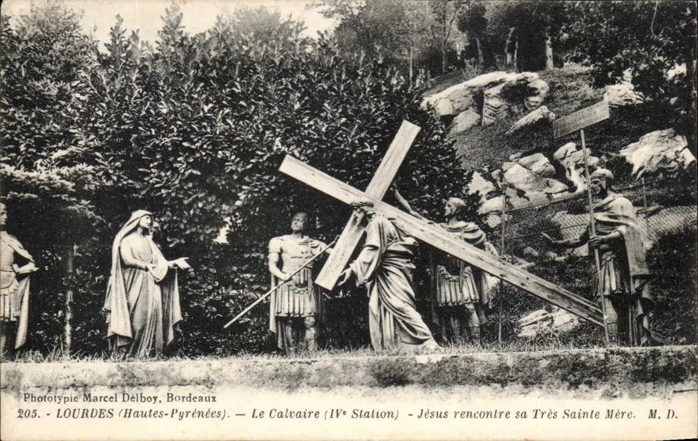 Das Kalvarium (vierte Station) - Jesus trifft seine heiligste Mutter - Lourdes (Hautes-Pyrénées) — Phototypie Marcel Delbroy, Bordeaux, n°205 - Vorderseite