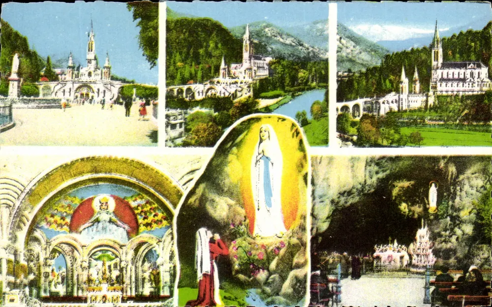 Lourdes — Blick vom Espilonade, Basilika, Gave, Innenraum des Rosenkranzes, Erscheinung, Wundergrotte — Editions E. GUNNAULT (H.P.) n°81 - Vorderseite