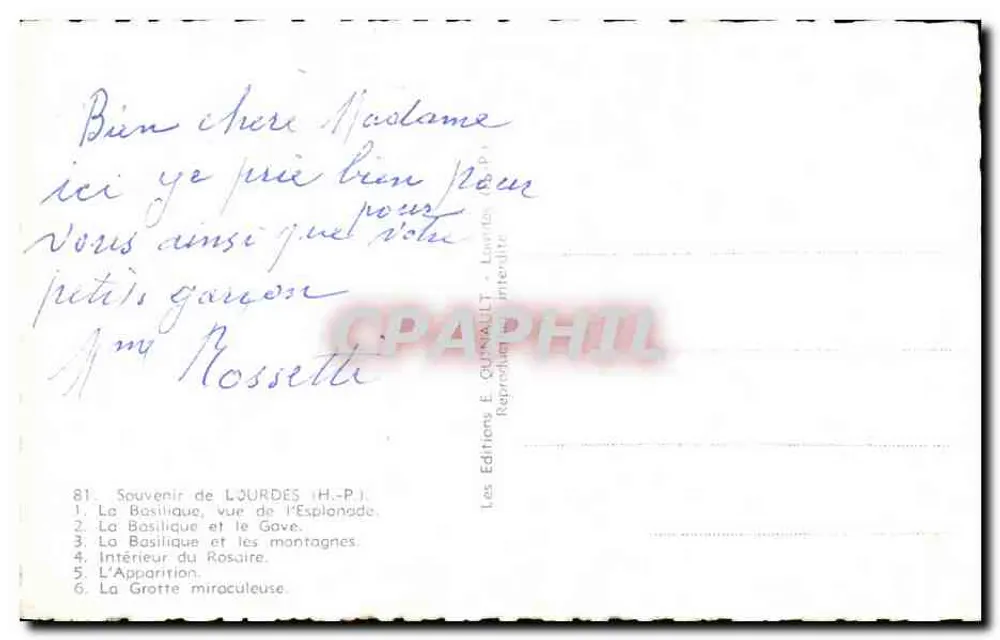Lourdes — Blick vom Espilonade, Basilika, Gave, Innenraum des Rosenkranzes, Erscheinung, Wundergrotte — Editions E. GUNNAULT (H.P.) n°81 - Rückseite