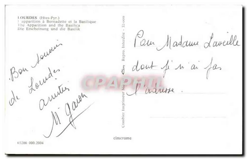 Lourdes (Htes-Pyr.) — Apparizione a Bernadette e la Basilica — Editore Combier, n° 65286 - Verso