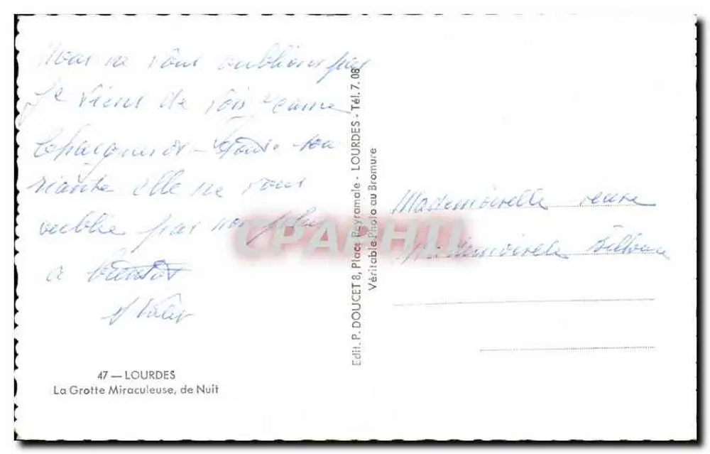 Gruta Milagrosa, à Noite — Lourdes — Ed. P. Doucet, Place Reyranale - Verso