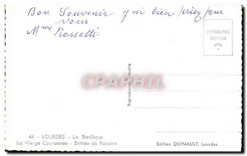 Lourdes — Die gekrönte Jungfrau — Eingang zum Rosenkranz — Edition Quinault - Rückseite