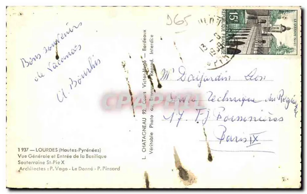 Lourdes — Allgemeiner Blick und Eingang zur Basilika — L. Chatagneau, 92, cours Victor-Hugo, Bordeaux - Rückseite