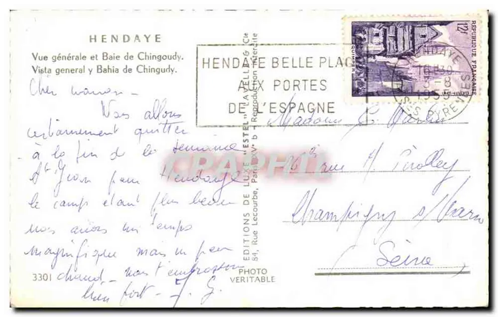 Hendaye — Vista geral e Baía de Chingoudy — Editor Estel, n° 3301 - Verso