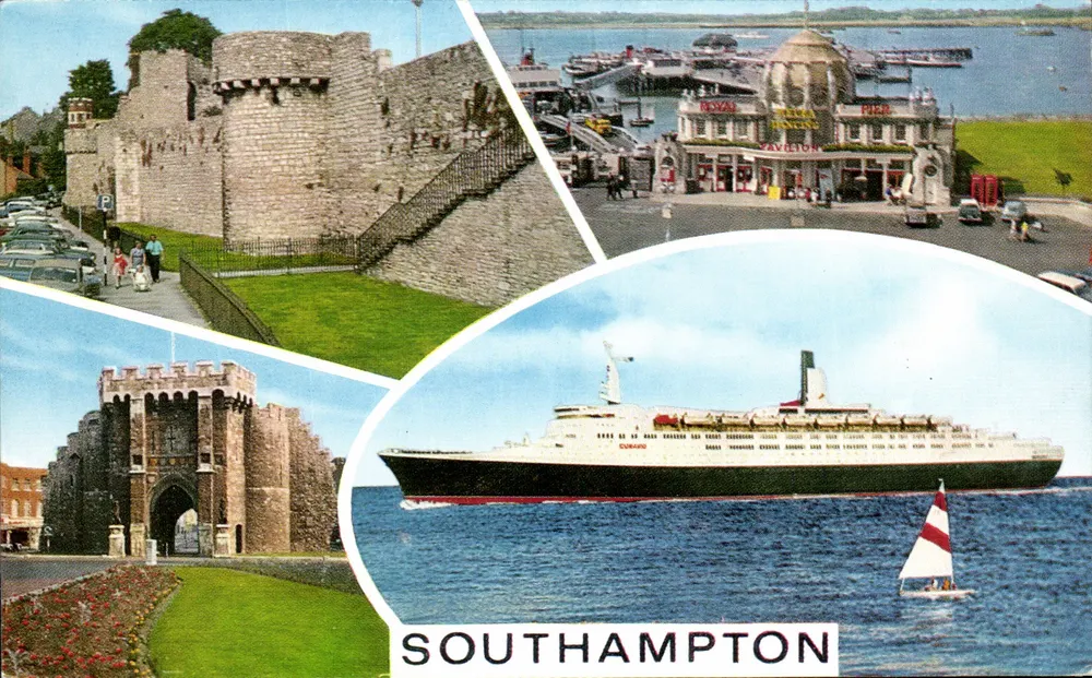 Southampton — widok panoramiczny z zamekiem, nabrzeżem Royal Pier i statkiem Cunard — wydawca J. Salmon & Sevenoaks - Awers