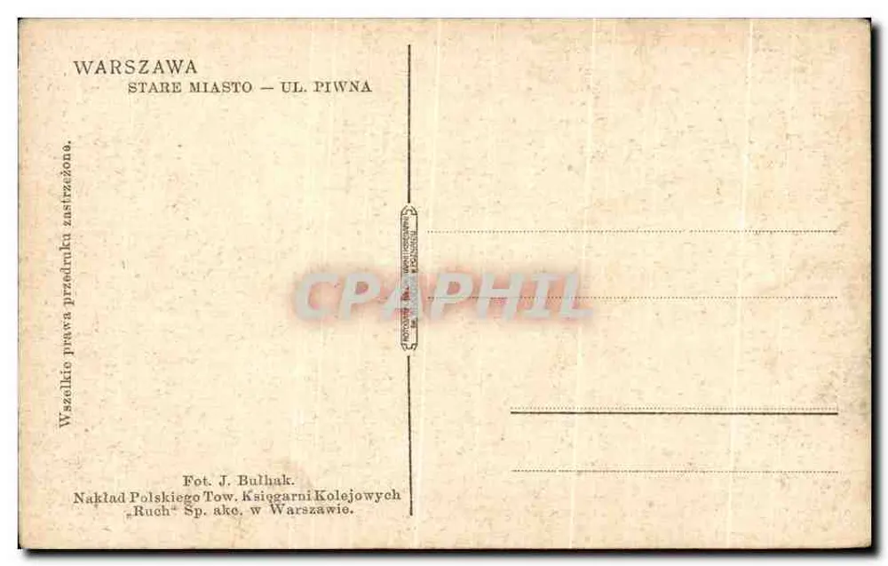 Warszawa - Stare Miasto - Ul. Piwna — Fot. J. Bulhak, Druck von der polnischen Eisenbahn-Buchhandlung - Rückseite