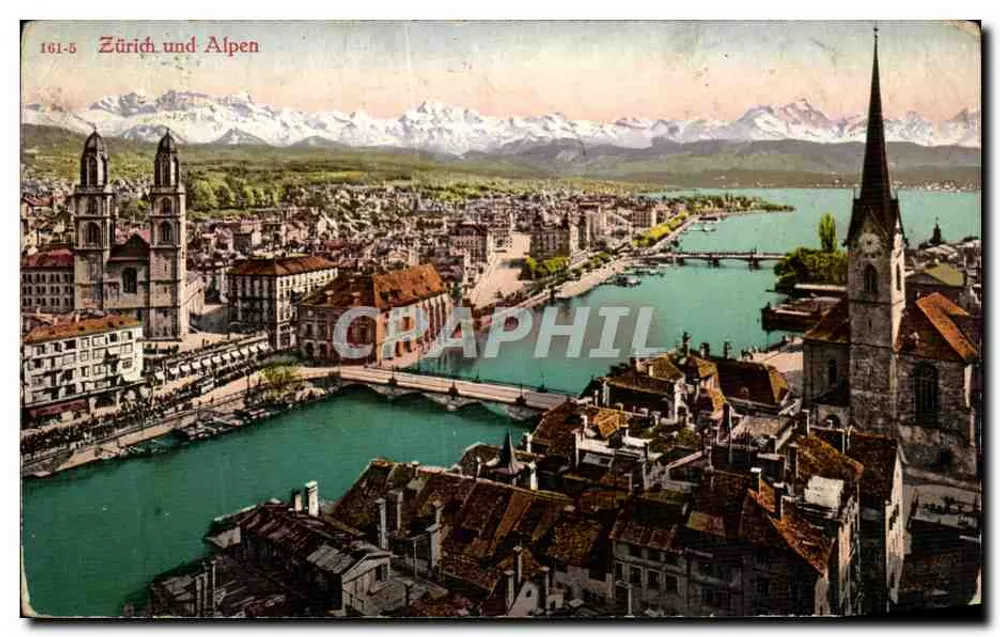 Zurique e Alpes — vista panorâmica com montanhas nevadas — série 161-5 - Frente