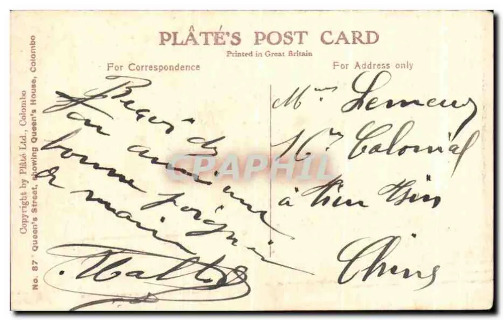 Ansicht von Queen's Street in Colombo — Plâté's Post Card Ltd, Colombo - Rückseite