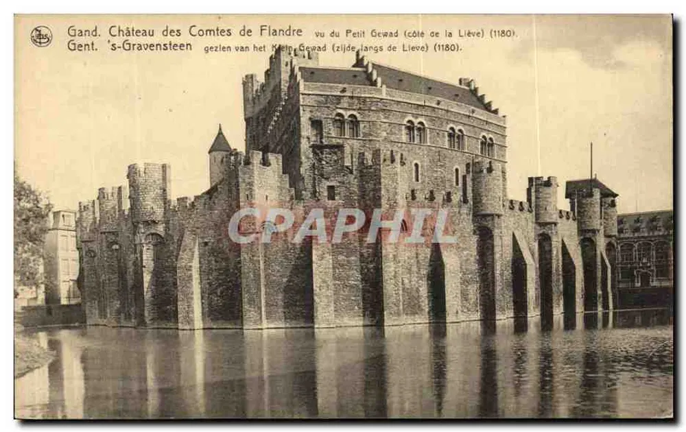 Gand. Schloss der Grafen von Flandern von der Petit Gewad aus gesehen (Seite der Liève) (1180). Gent. 's-Gravensteen von der Klein Gewad aus gesehen (Seite der Lieve) (1180). - Vorderseite