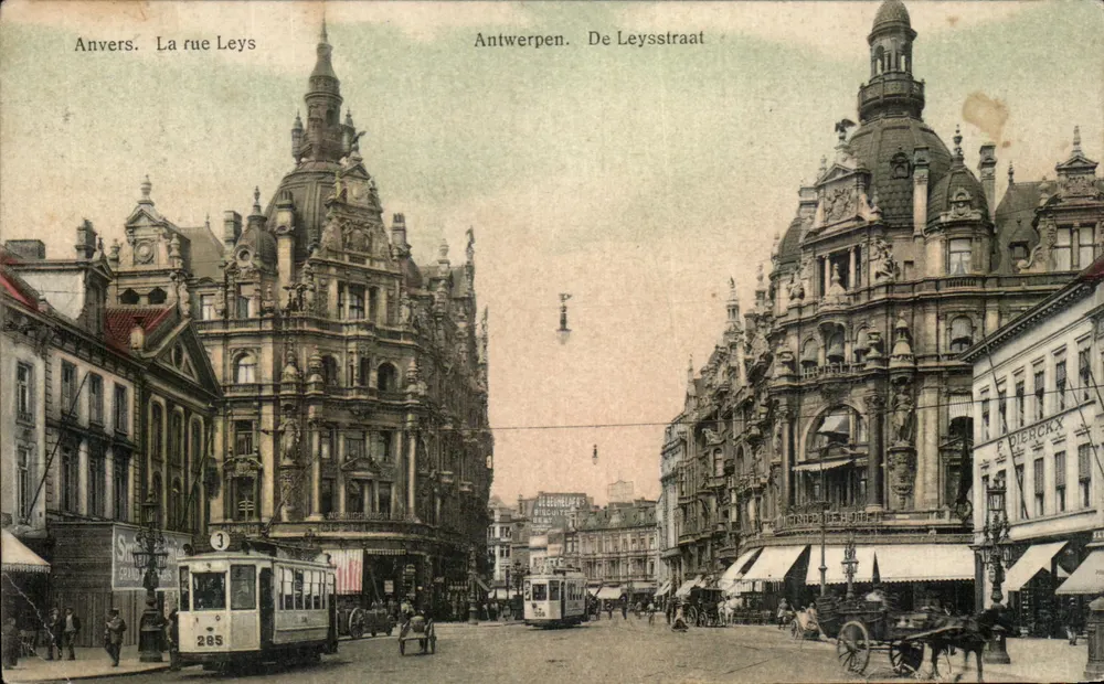 Antwerpen. De Leysstraat — uitzicht op de De Leyssstraat met tram n°285 — H. Climan-Ruyssers, n°285 - Voorkant