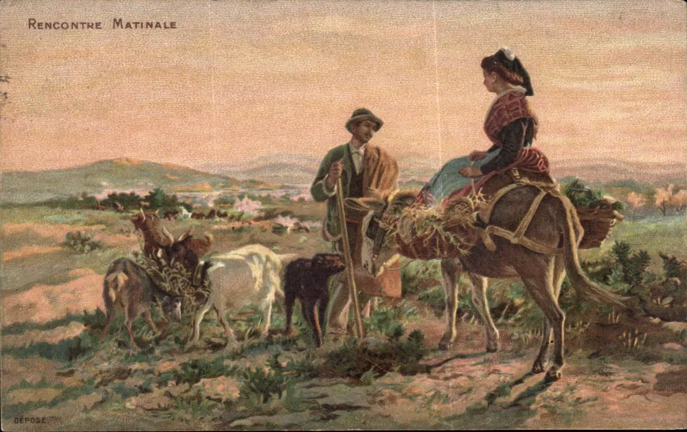 Encontro Matinal — cena de campo com pastor e mulher em jumento — Depositado - Frente