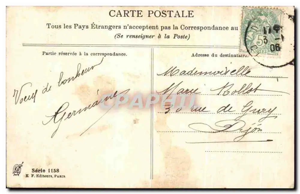 Jovem mulher com flor de trevo — Série 1158 — E. F. Editeurs, Paris - Verso