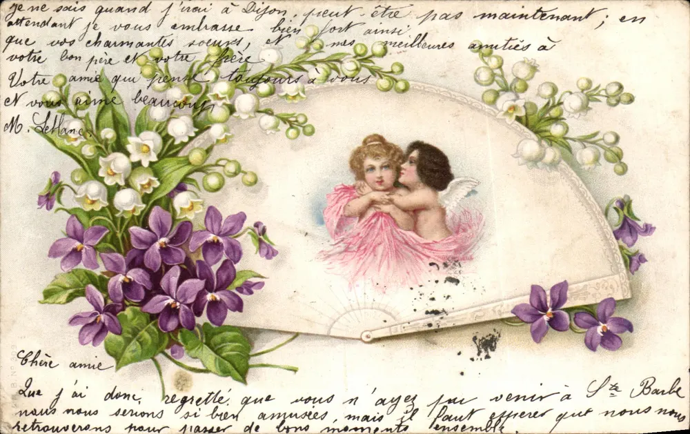 Deux amants sous un éventail — illustration de Cupidon et une jeune fille, éditeur 'Postkarte' — n° de série non visible - Vorderseite