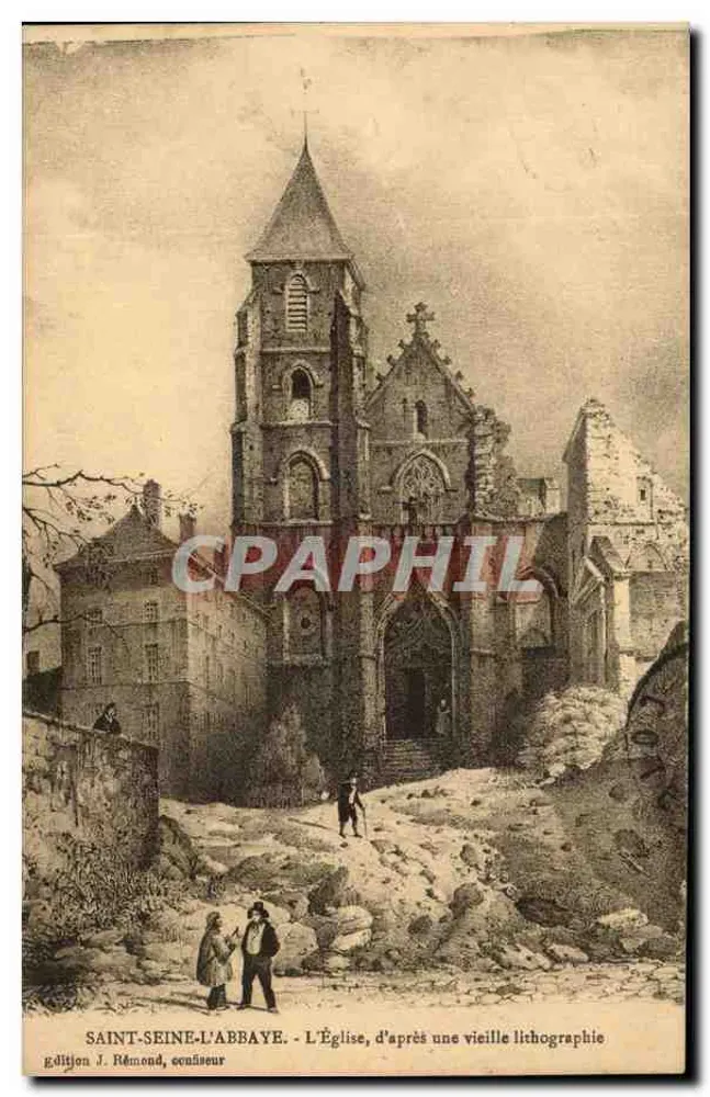 Saint-Seine-l'Abbaye — Die Kirche, nach einer alten Lithografie — Ausgabe J. Rémond, Zensur - Vorderseite