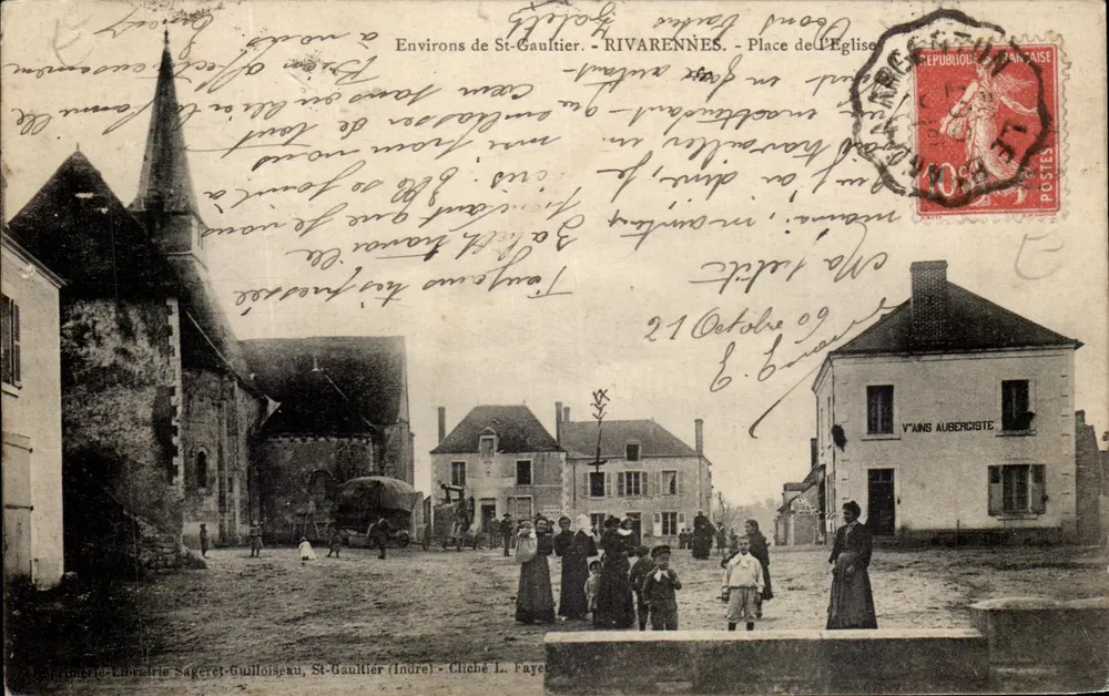 Rivarennes — Platz der Kirche — Buchhandlung Sageret-Guilloiseau, St-Gaultier (Indre) - Cliché L. Fayet - Vorderseite