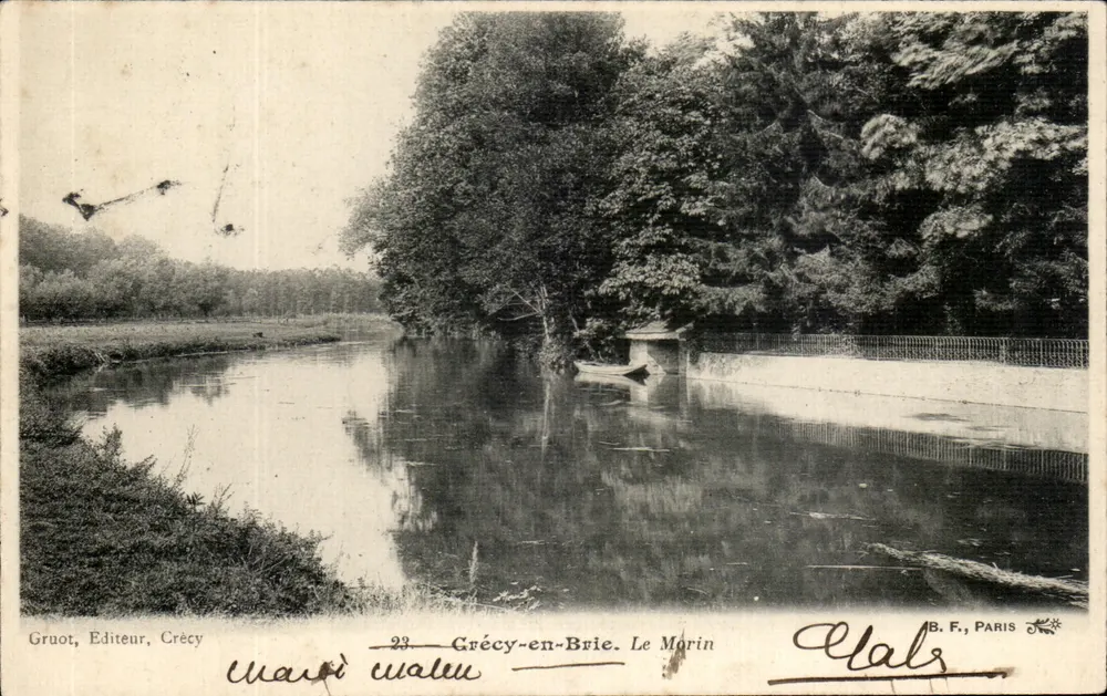 Crécy-en-Brie. O Morin — vista do curso d'água com margem e árvores — Gruot, Editor, Crécy, n°23 - Frente