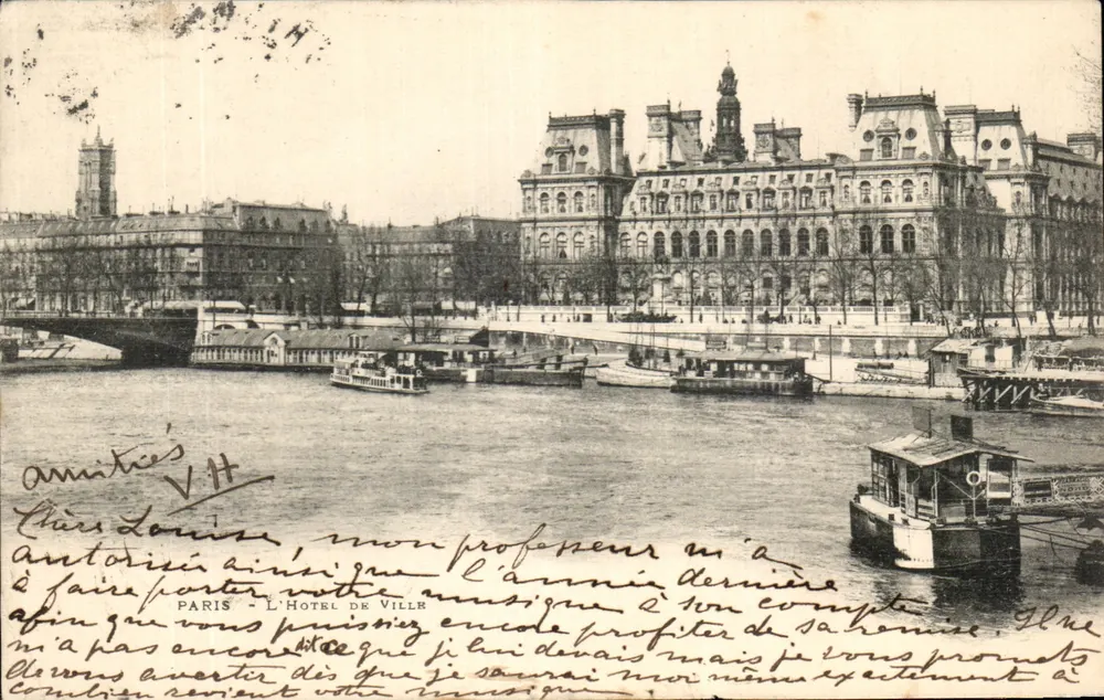 Paris - Das Rathaus — Ansicht des Seine-Ufers mit Booten — anonymer Verlag, Seriennummer nicht sichtbar - Vorderseite