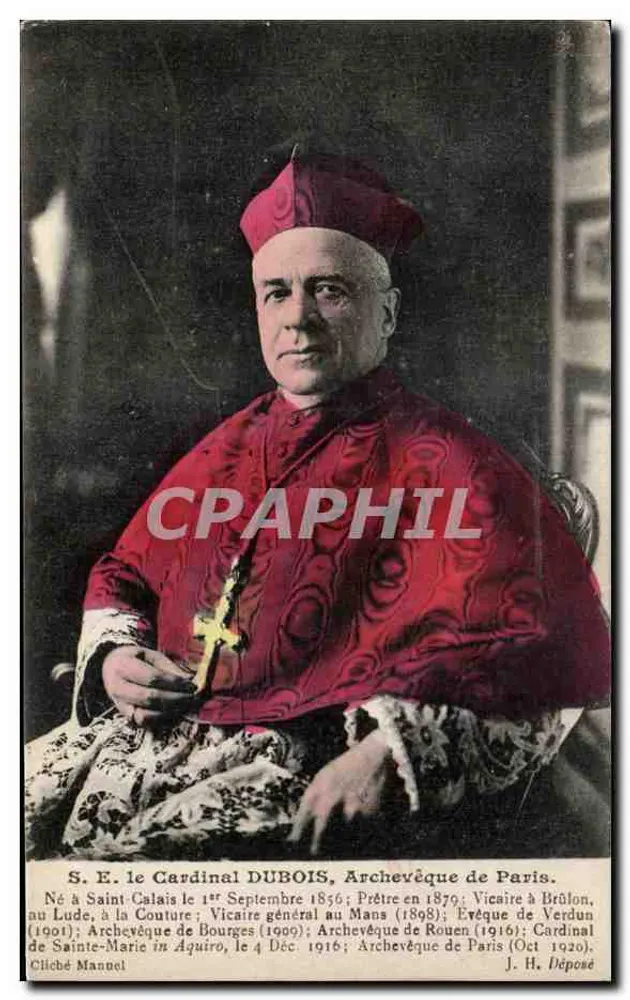 S. E. o Cardeal DUBOIS, Arcebispo de Paris — biografia impressa — J. H. Déposé - Frente
