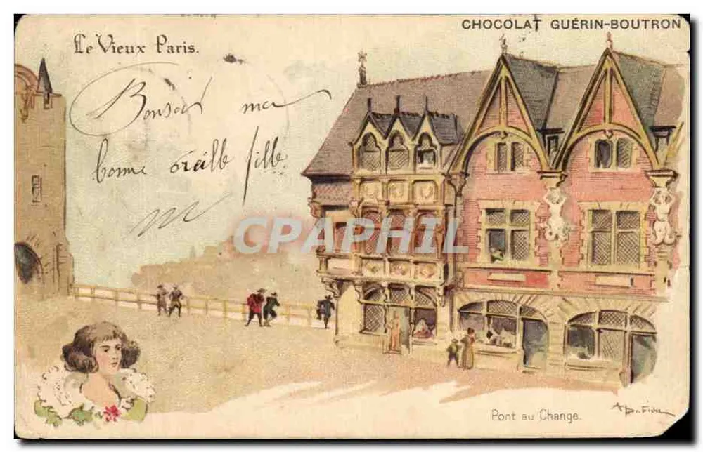 Pont au Change — vue du pont et du bâtiment commercial — Chocolat Guérin-Boutron, Paris - Vorderseite