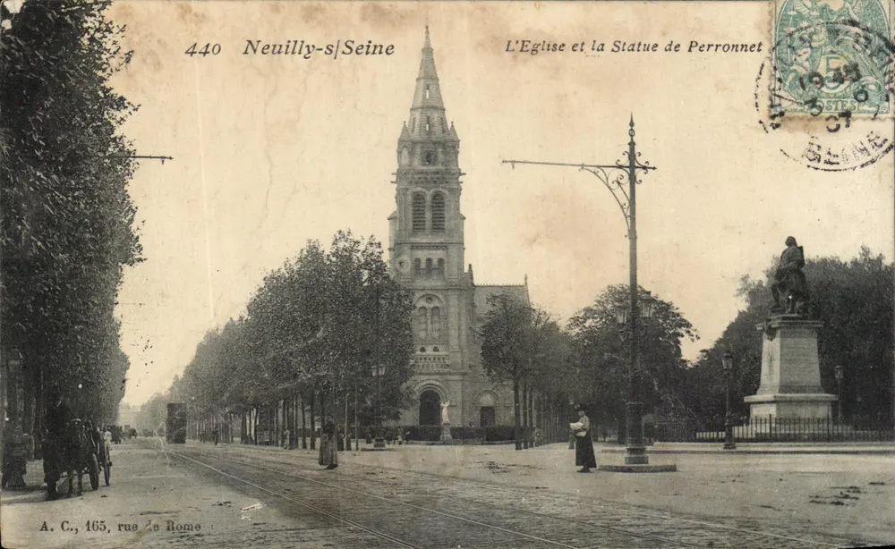 Neuilly-sur-Seine — Die Kirche und die Statue Perronnet — A. C., 165, rue de Rome - Vorderseite