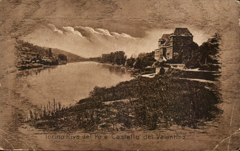 Torino Riva del Po e Castello del Valentino — vue du château sur la rivière Po, éditeur non visible, n° de série non lisible - Frente