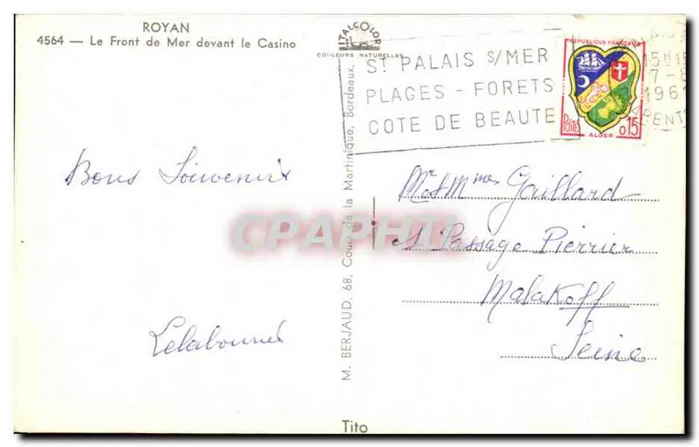 Royan — Front Nadmorski przed Kasynem — M. Berjaud, wydawca, n° 4564 - Rewers