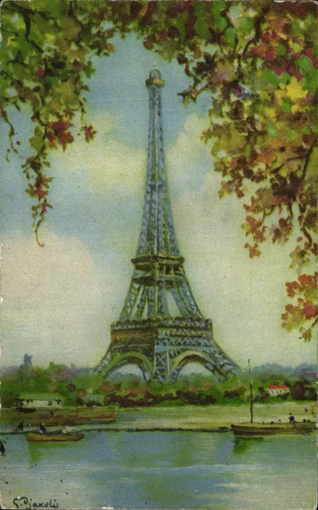 Torre Eiffel — vista enquadrada por folhagens — F. P. Jakuli - Frente